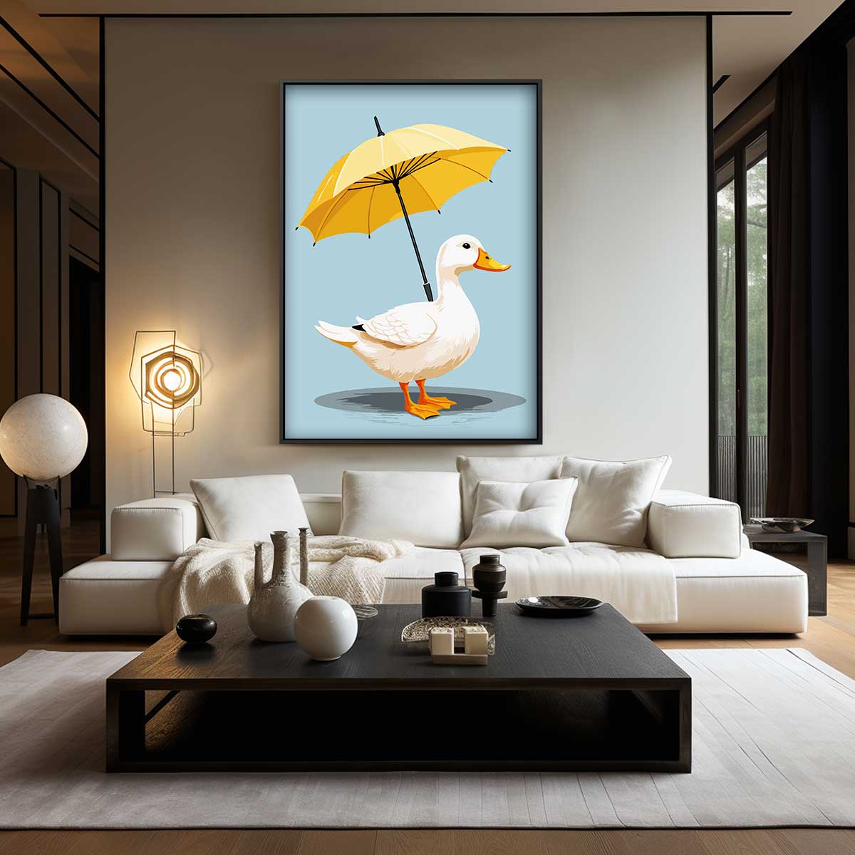 Eend onder Paraplublad – staand kunstwerk voor modern interieur