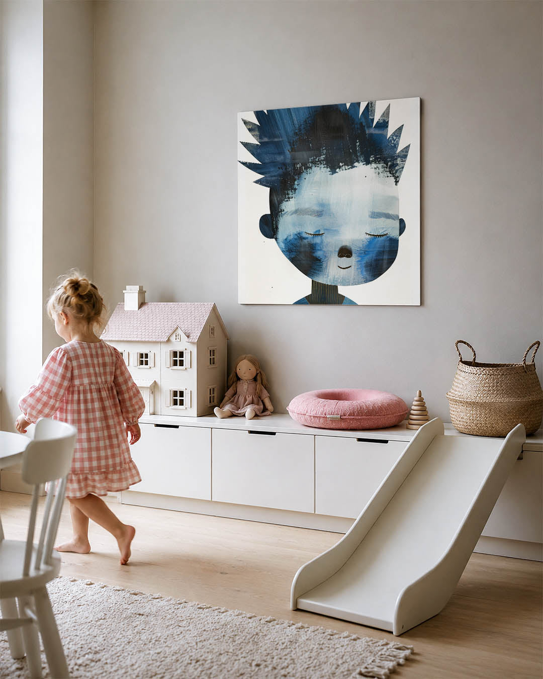 Dromerig portret kunstwerk – tweede productweergave – dit kunstwerk toont een dromerig gezicht met gesloten ogen in blauw en