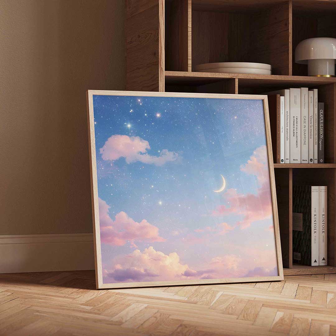 Maan en sterrenhemel – moderne wandkunst met kleur en vormen als poster