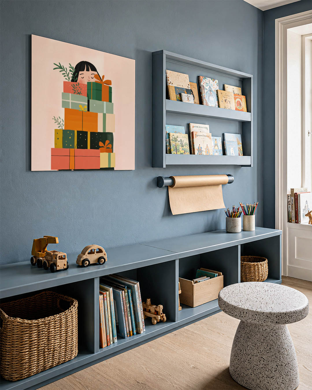 Vrolijke cadeau stapel kunstwerk – detailweergave – dit kunstwerk toont een stapel kleurrijke cadeaus met een persoon die