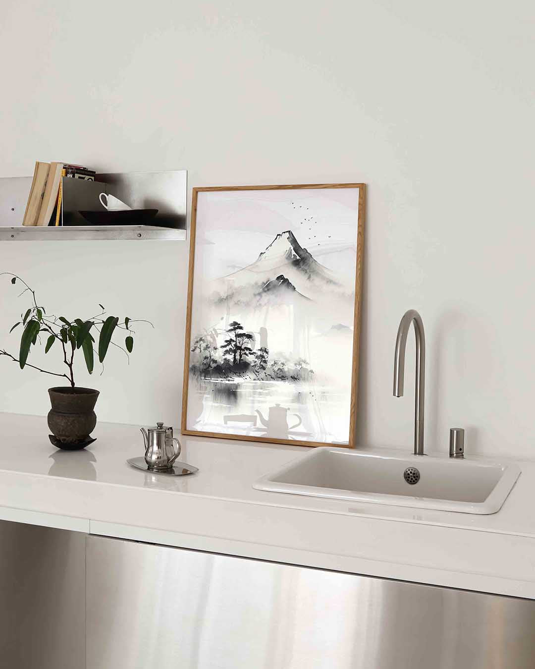 Berglandschap met vogels – Aziatische poster in staand formaat