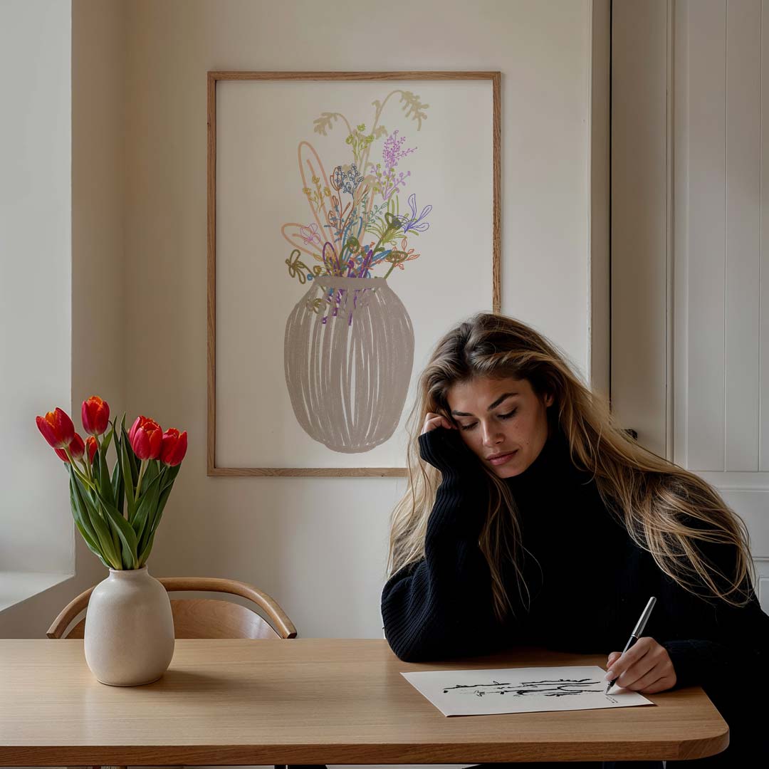 Schilderachtige bloemenpracht in vaas – bloemen poster in staand formaat