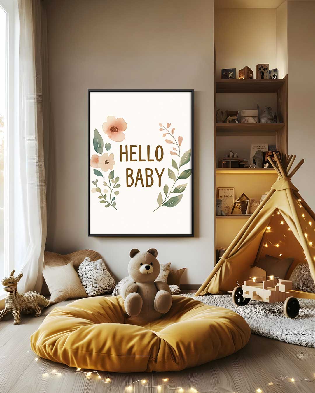 Hello Baby Bloemenprint – staand kunstwerk voor modern interieur