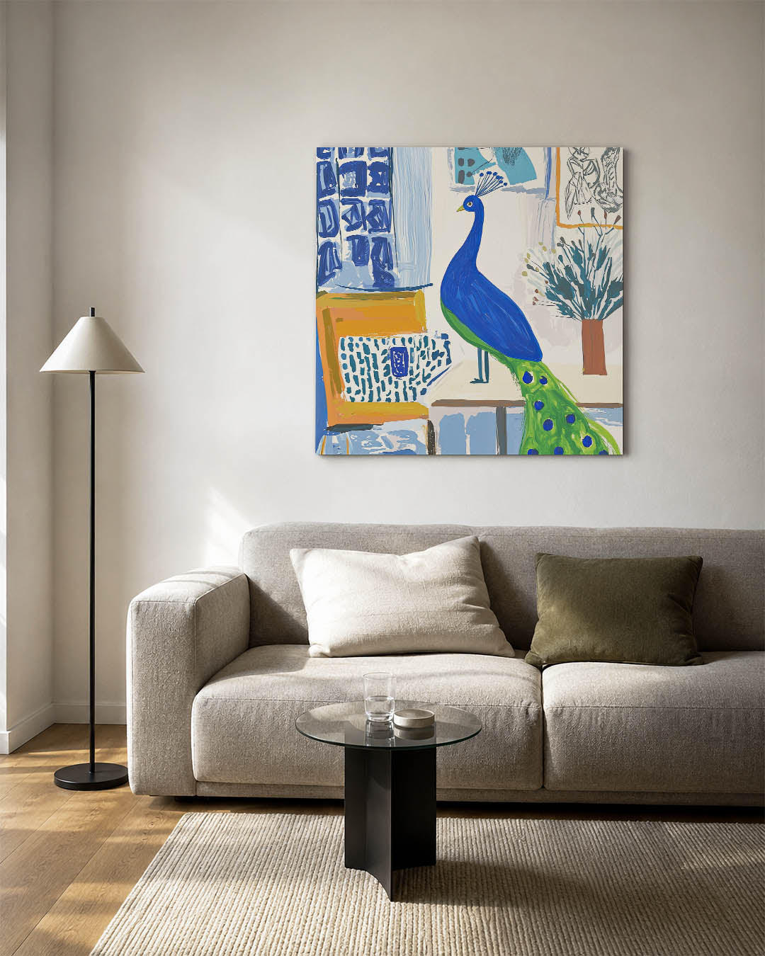 Vrolijke pauw kunstwerk – detailweergave – dit kunstwerk toont een kleurrijke pauw in een levendige omgeving, met dynamische
