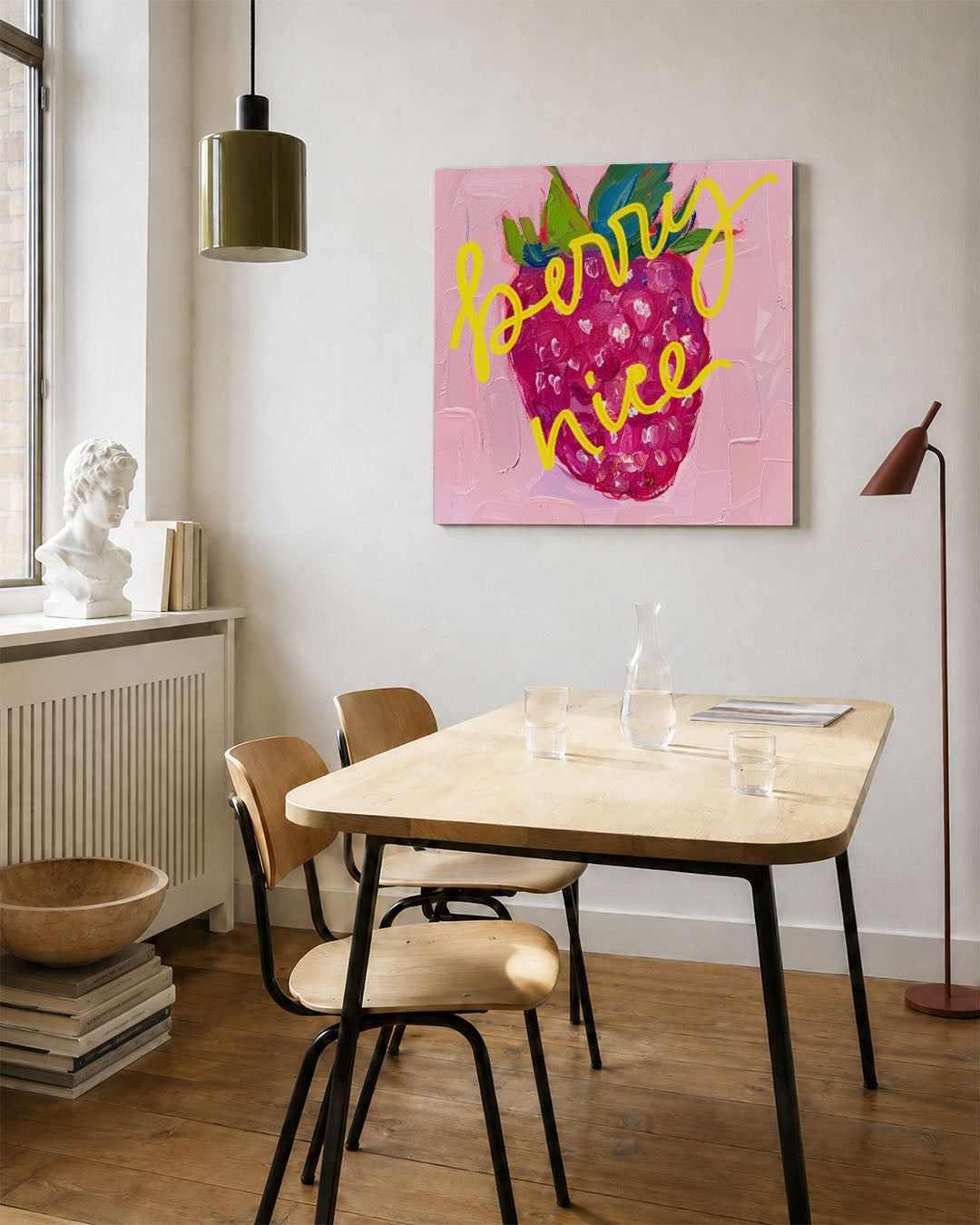 Vrolijke vruchten kunstwerk – vierkante wanddecoratie – dit kunstwerk toont een kleurrijke vrucht met speelse gele letters op