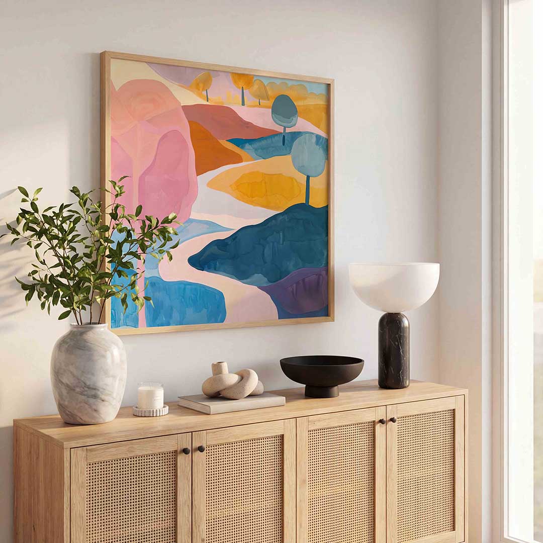 Landschap met kleurrijke bomen – kunst en design poster in vierkant formaat