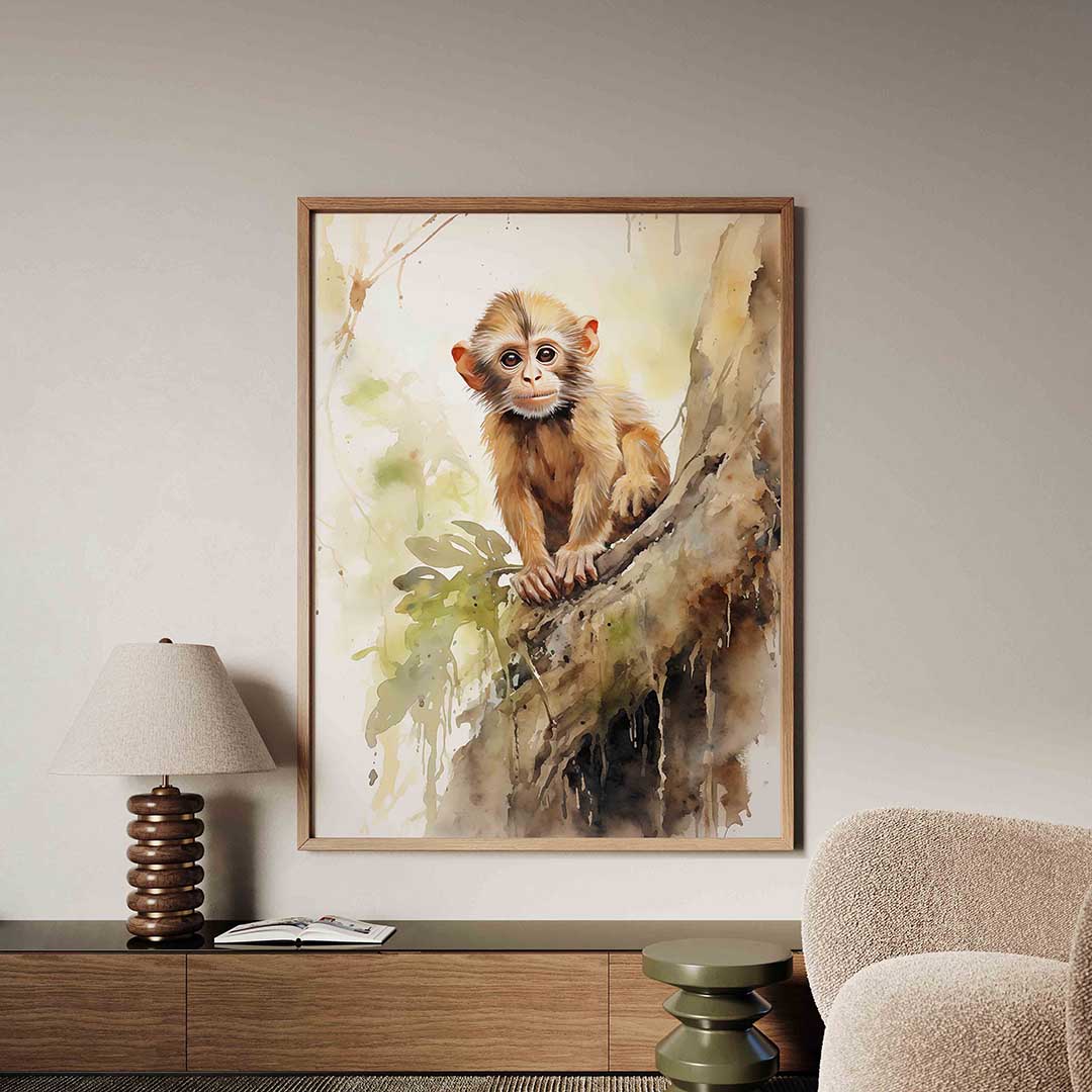 Jonge aap op boom – tropische jungle poster in staand formaat