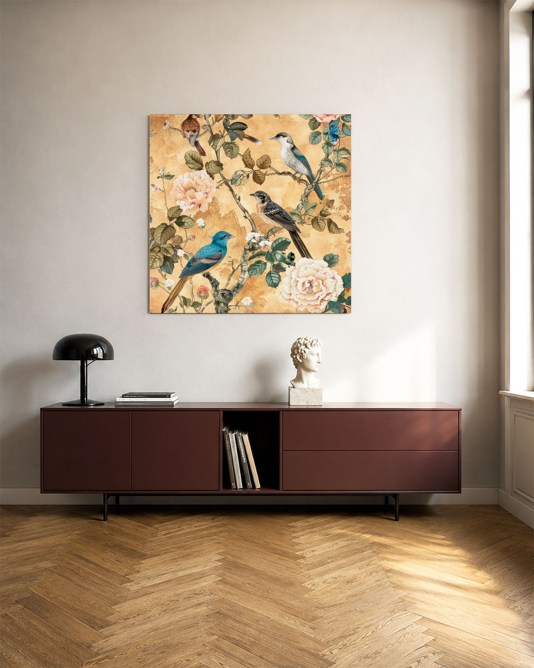 Vogels en bloemen kunstwerk – tweede productweergave – dit kunstwerk toont een levendig tafereel van vogels te midden van