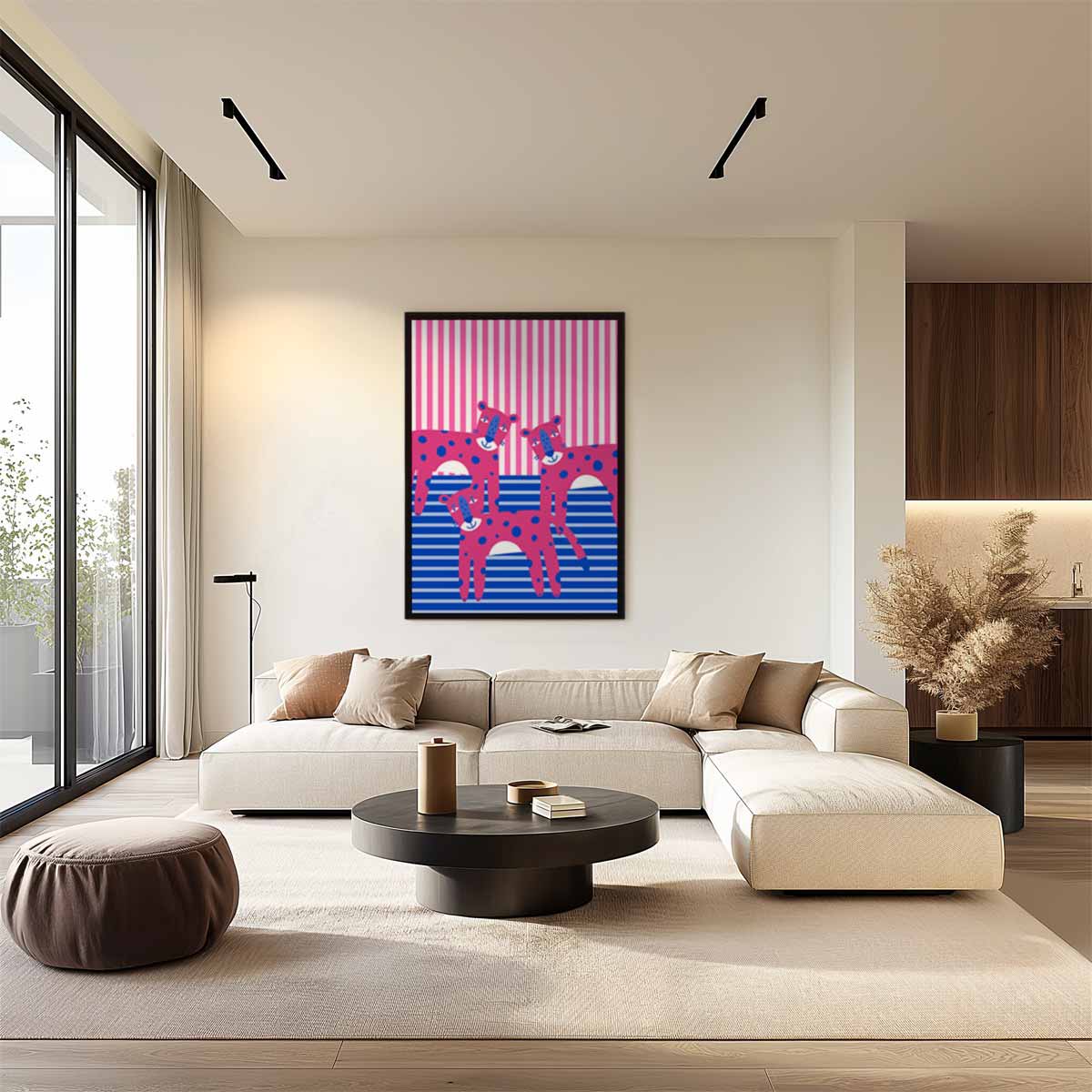 Vrolijke Roze Luipaarden – kunstwerk met zwarte baklijst