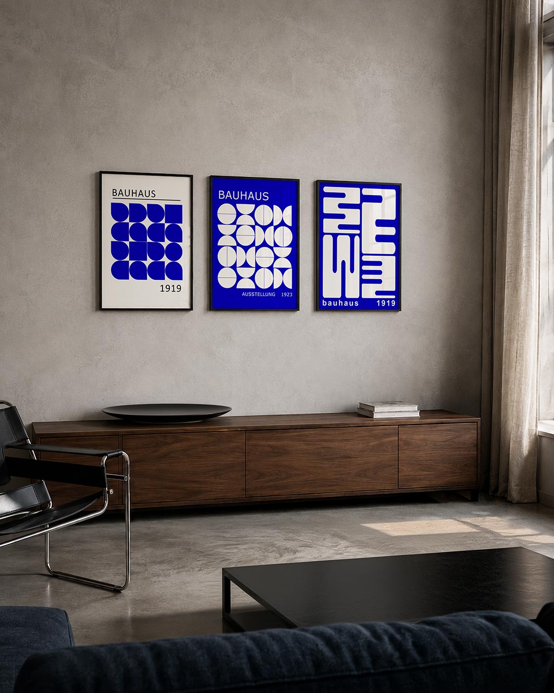 Vorm en kleur posterset – tweede productweergave – deze posterset in drie delen toont een speelse combinatie van blauwe halve