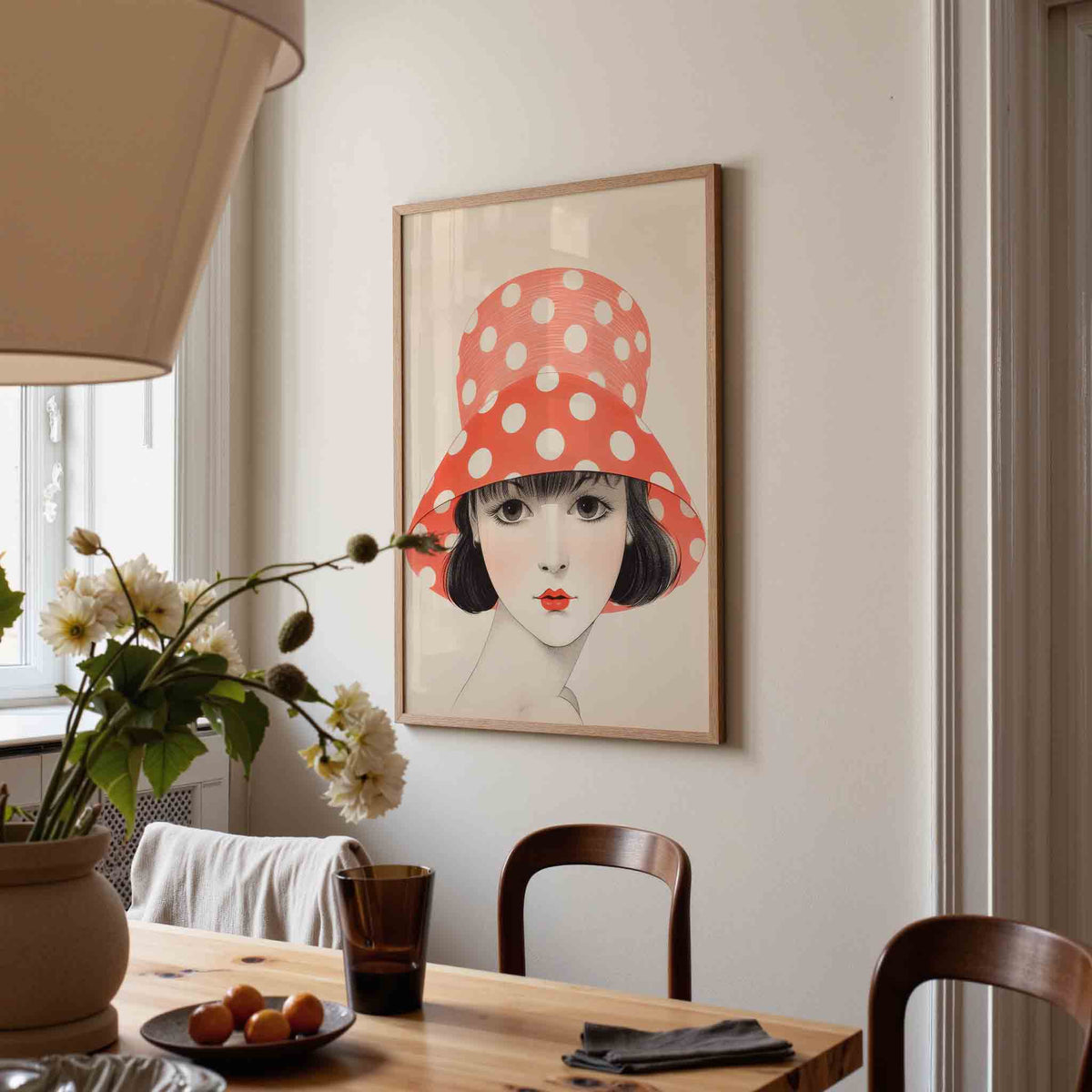 Vrouw met stippenhoed – kunst en design poster in portret formaat