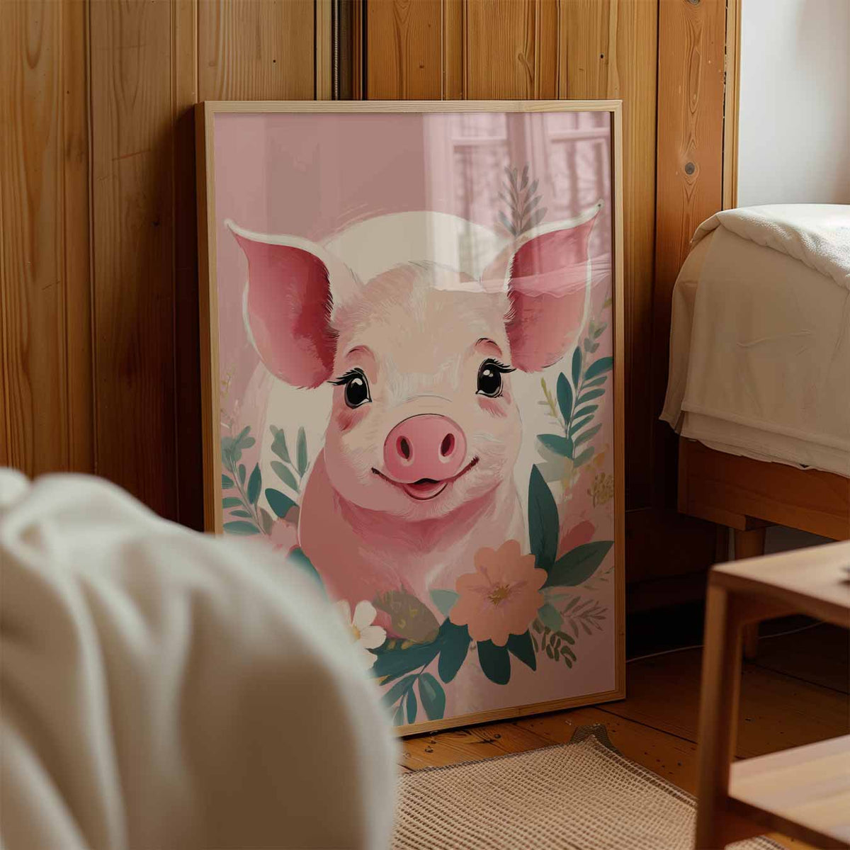 Schattige Varkensposter met Bloemen – kinderposter in staand formaat