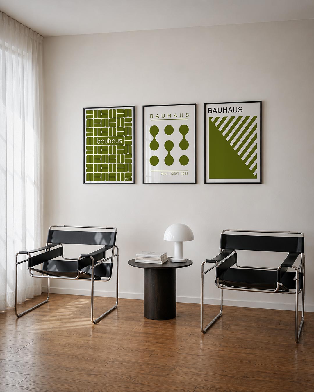 Vormritme en kleur driedelige posterset – deze posterset in drie delen toont een ritmisch patroon van olijfgroene vormen op