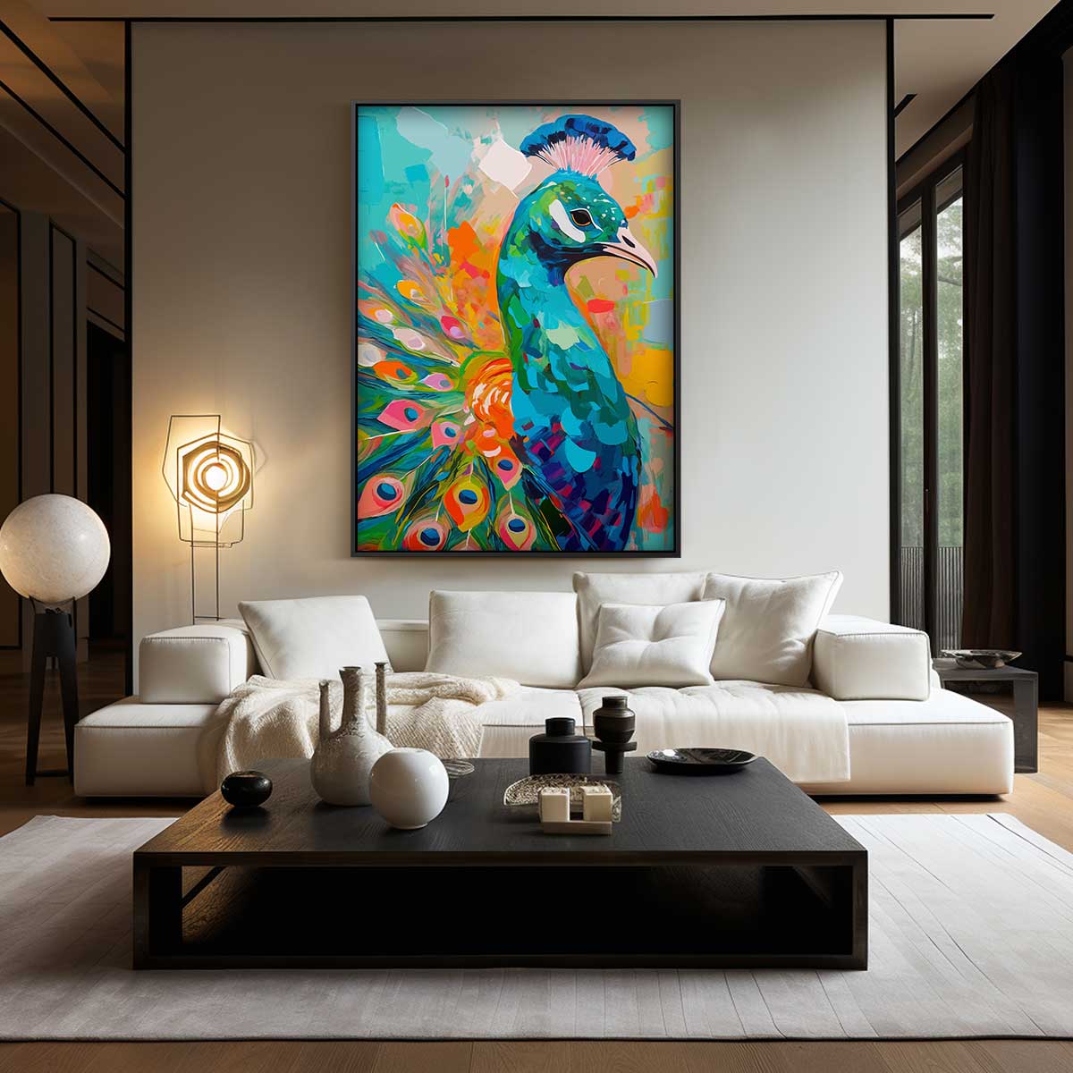 Kleurrijke Pauw Schilderij – kunstwerk met zwarte baklijst