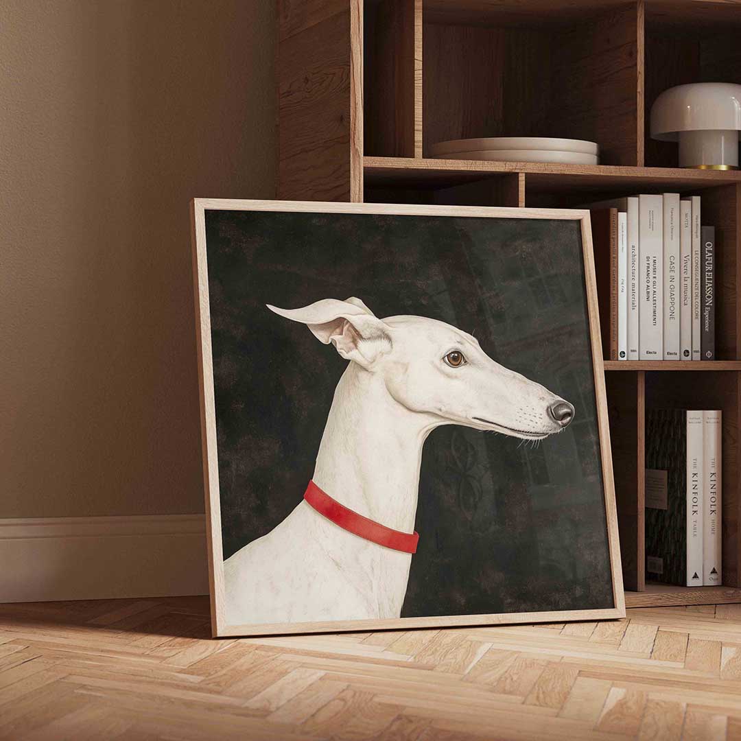 Witte windhond – vierkante moderne wanddecoratie van WallArtistic