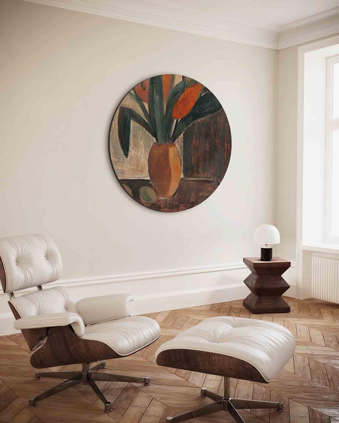 Oranje vaas met bladeren – moderne ronde wanddecoratie van WallArtistic