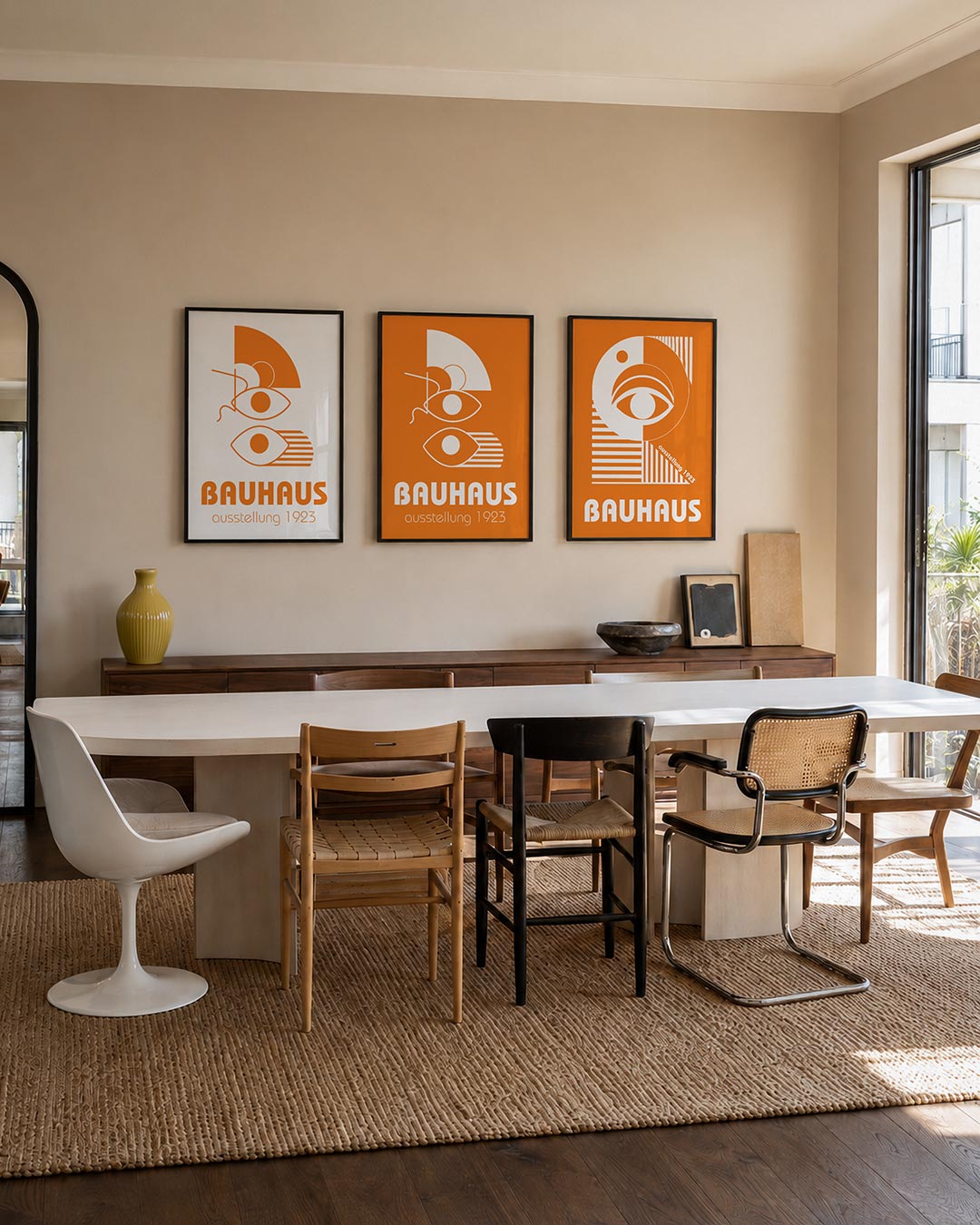 Oog en lijnen posterset – tweede productweergave – oranje vormen en lijnen creëren een speels lijnenspel met ogen en cirkels.
