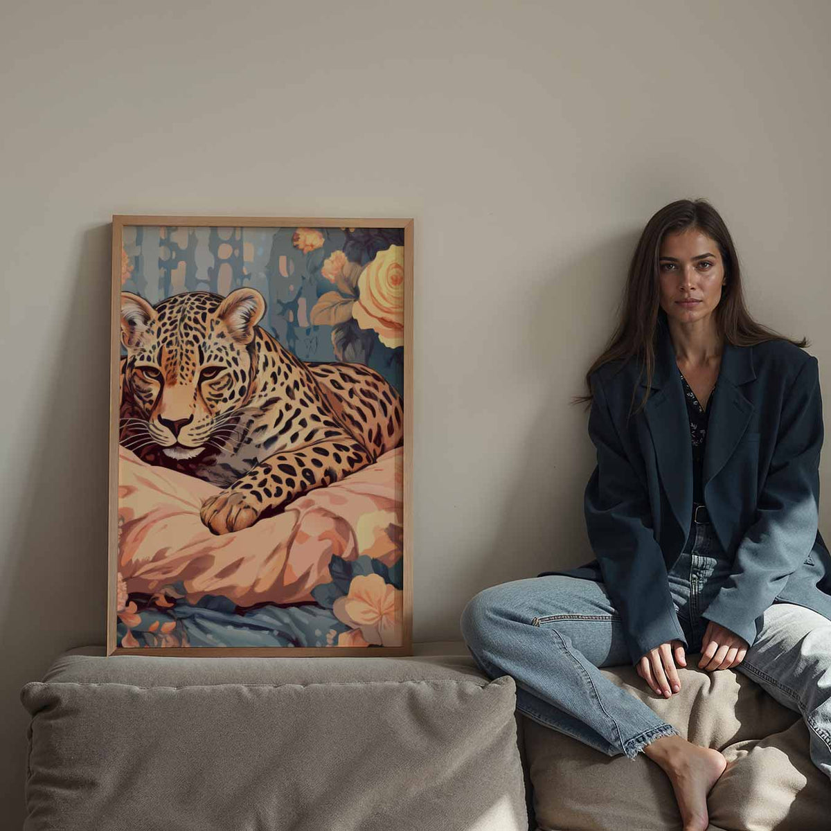 Sierlijke Luipaard Bloemen – Streetart wandkunst als portret poster