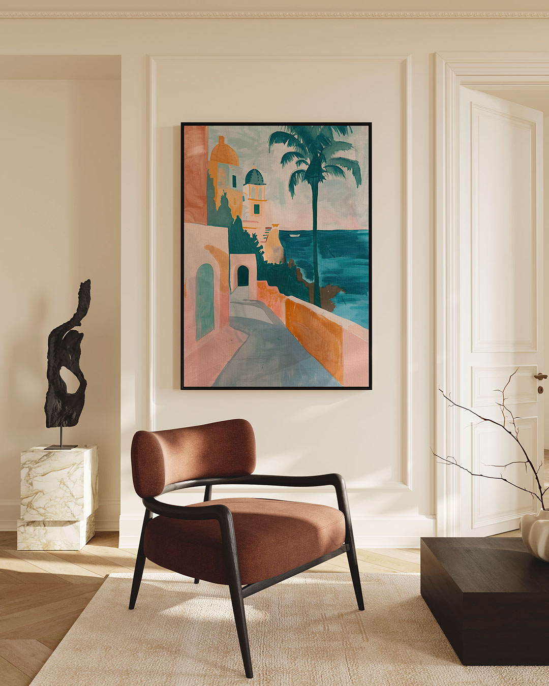 Kleurrijke straat en zee – staand wanddecoratie kunstwerk