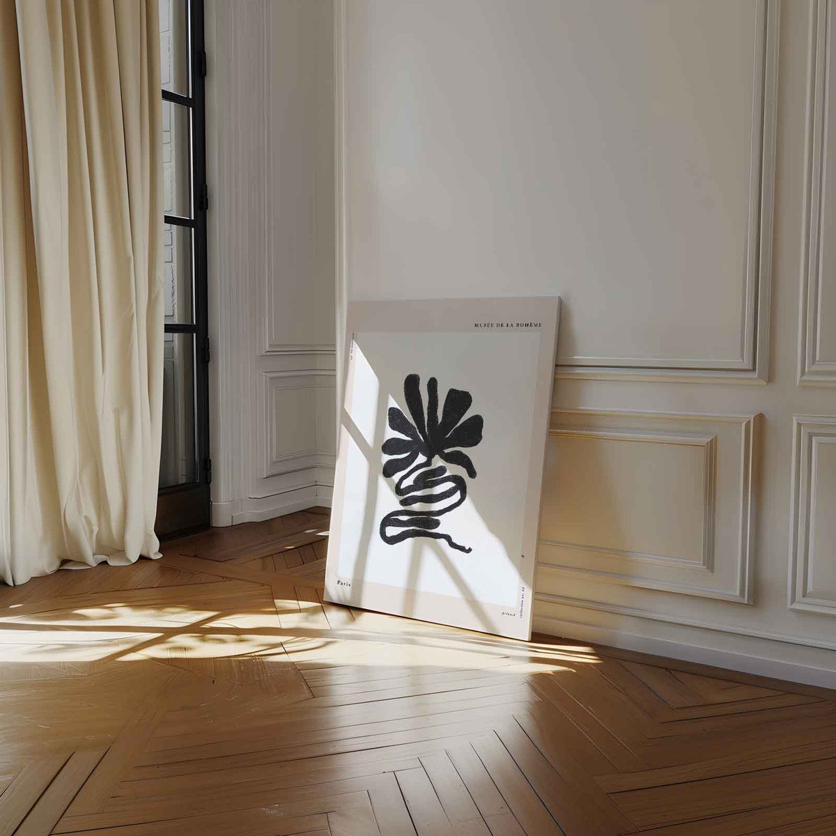Organische Zwart-Wit Bloem – kunstwerk met zwarte baklijst