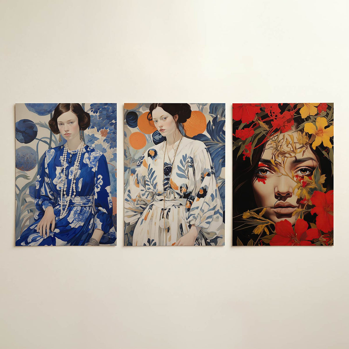 Blauwe bloemendroom posterset – detailweergave – een vrouw in een blauwe jurk met witte bloemen, omringd