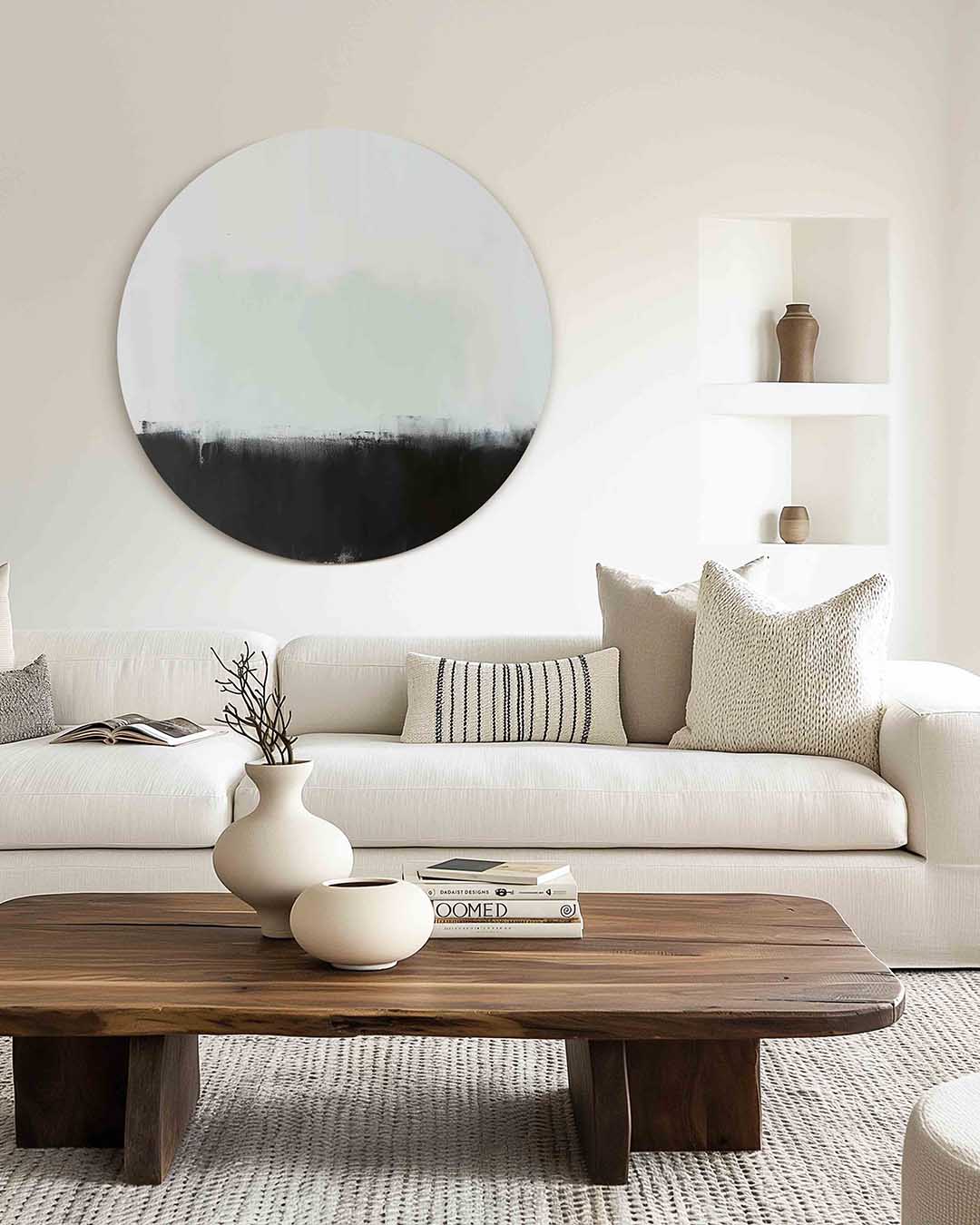 Abstracte zwart wit – muurcirkel met kleur en vormen voor aan de muur