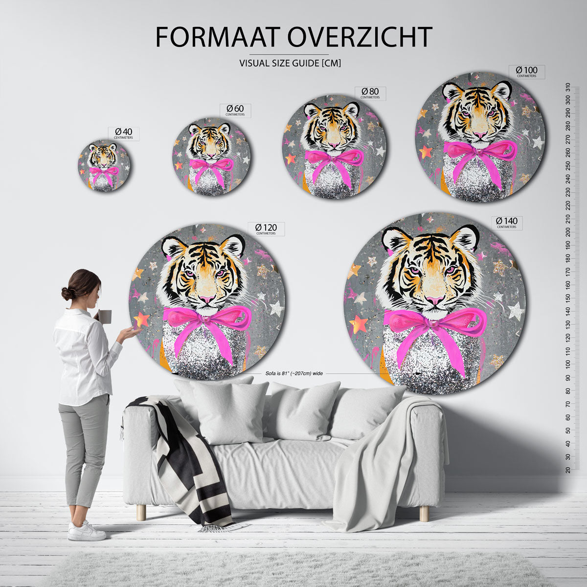 Tijger met roze strik – ronde muurcirkel met kleurrijke illustratie