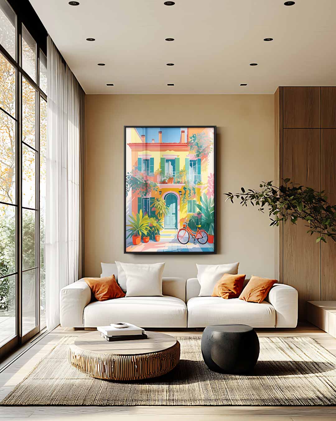 Zomerse gevel met fiets – staand kunstwerk voor modern interieur