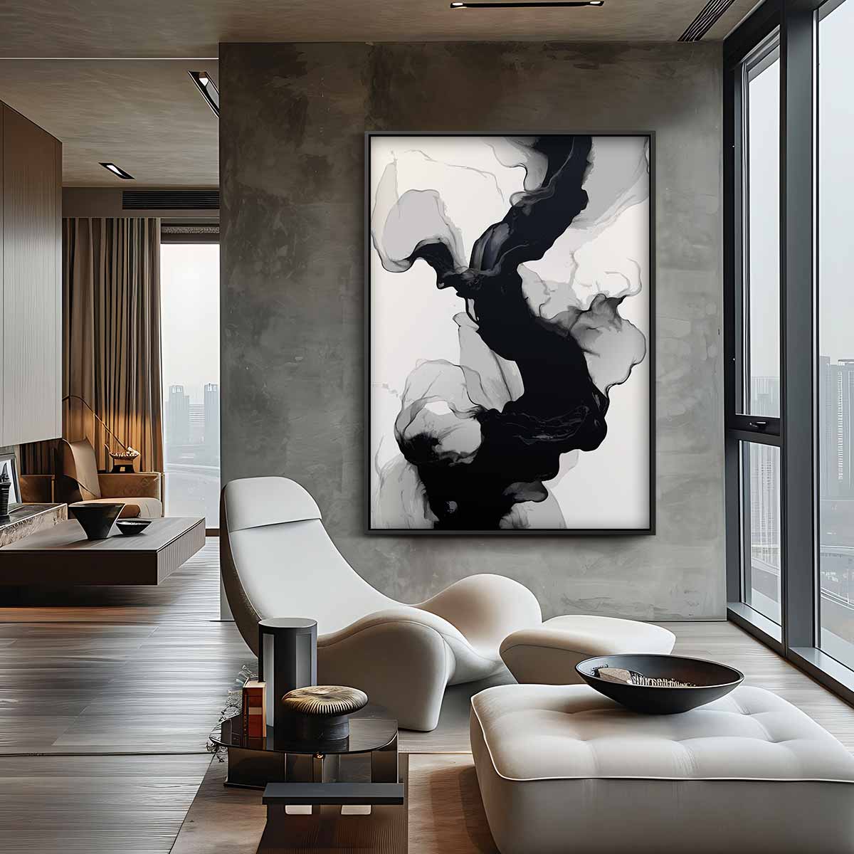 Golvende Zwart-Witte Abstractie – canvas wanddecoratie in portret formaat
