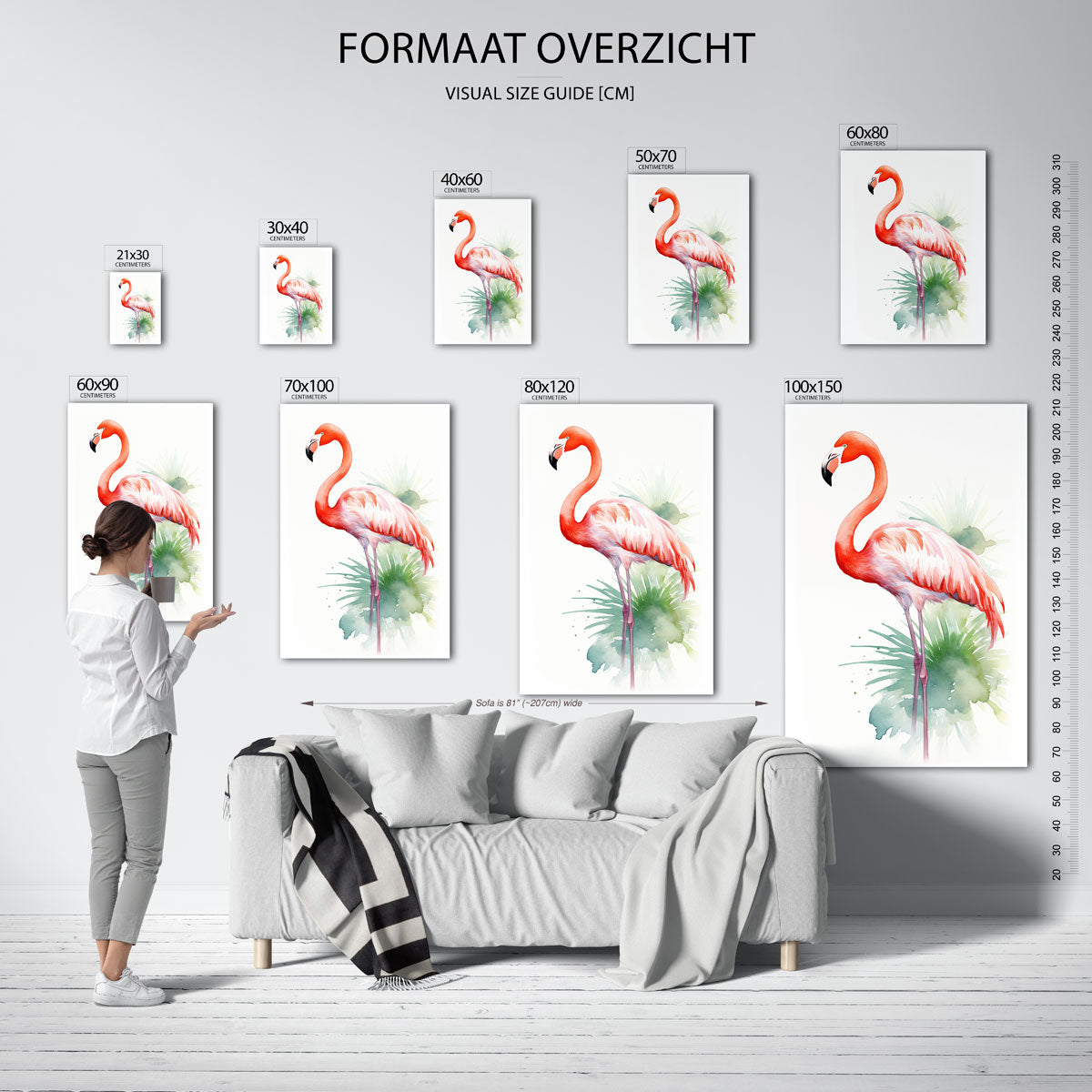 Flamingo met groene bladeren – staande muurposter met jungle thema