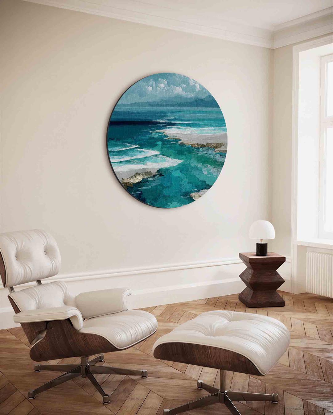 Zeezicht – moderne ronde wanddecoratie met vrouwelijk portret