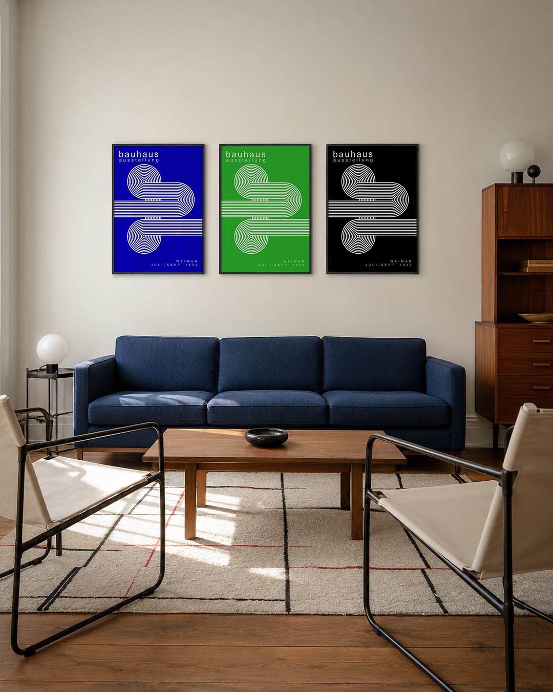 Lijnen en cirkelvormen driedelige posterset – deze posterset in drie delen toont een dynamisch lijnenspel met cirkelvormen op