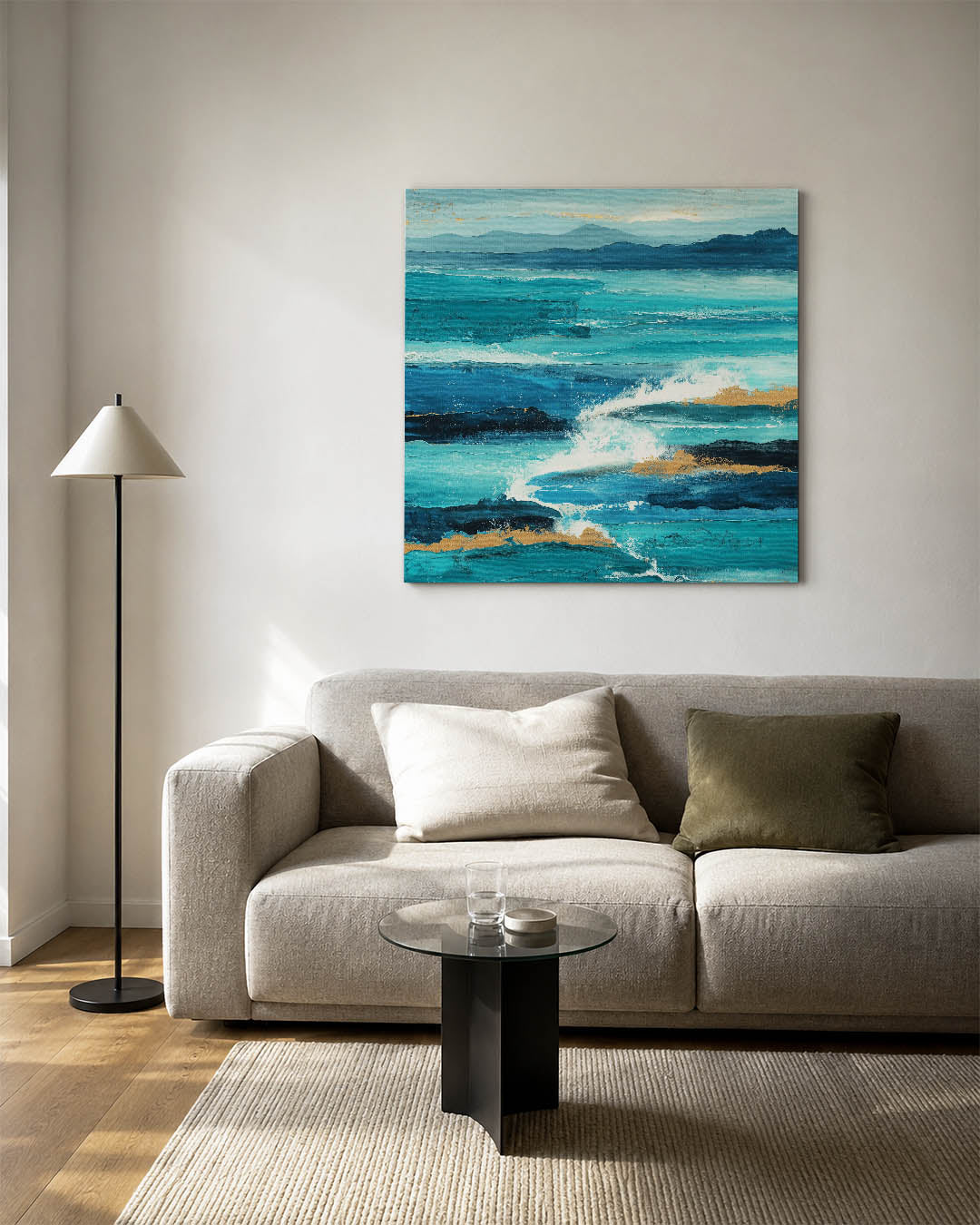 Dynamische zeegezichten kunstwerk – vierkante wanddecoratie – dit kunstwerk toont krachtige golven in levendige blauwtinten