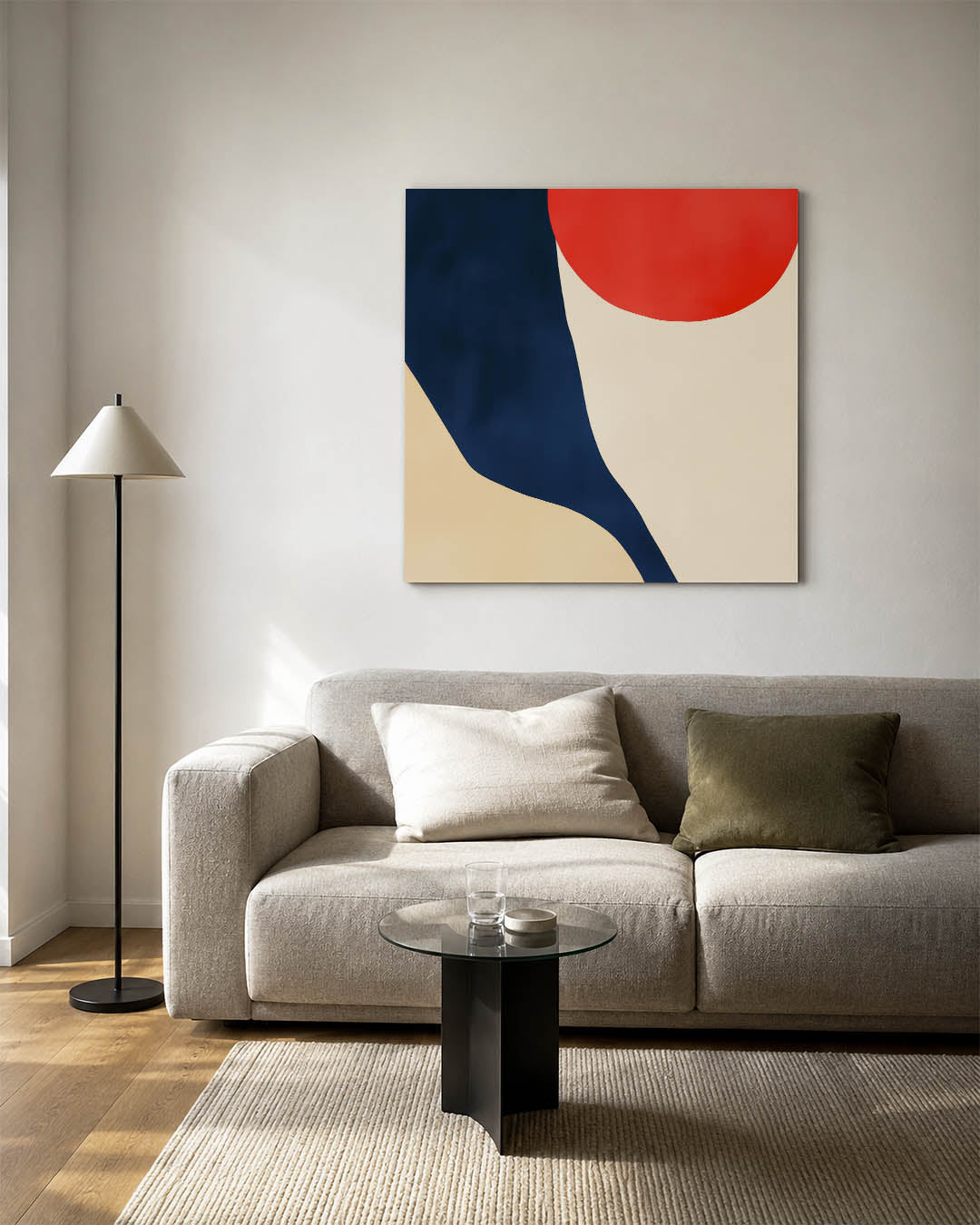 Vloeiende vormen compositie kunstwerk – vierkante wanddecoratie – dit werk toont vloeiende vormen in blauw, beige en rood. De