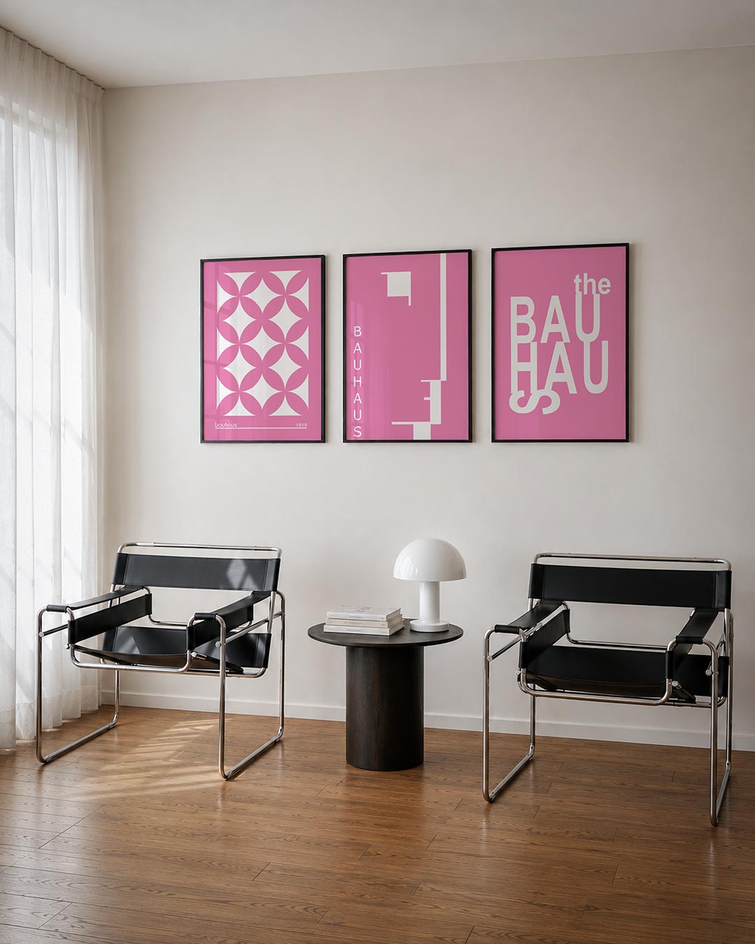 Roze cirkelpatroon posterset – derde productweergave – deze posterset in drie delen toont een ritmisch spel van roze