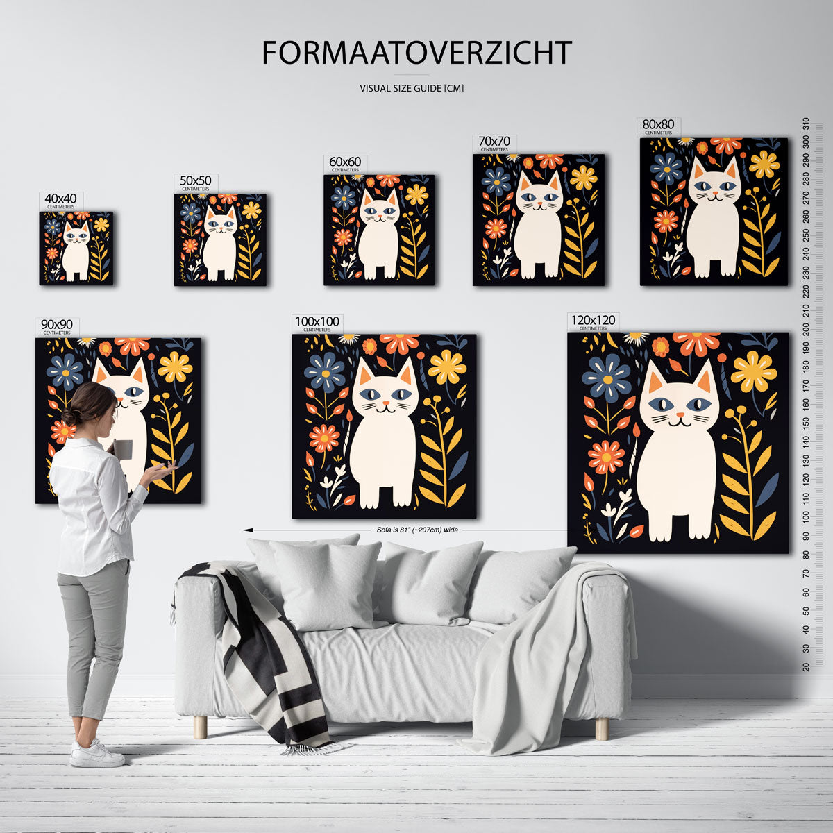 Kat met bloemen – vierkante muurposter voor de kinderkamer
