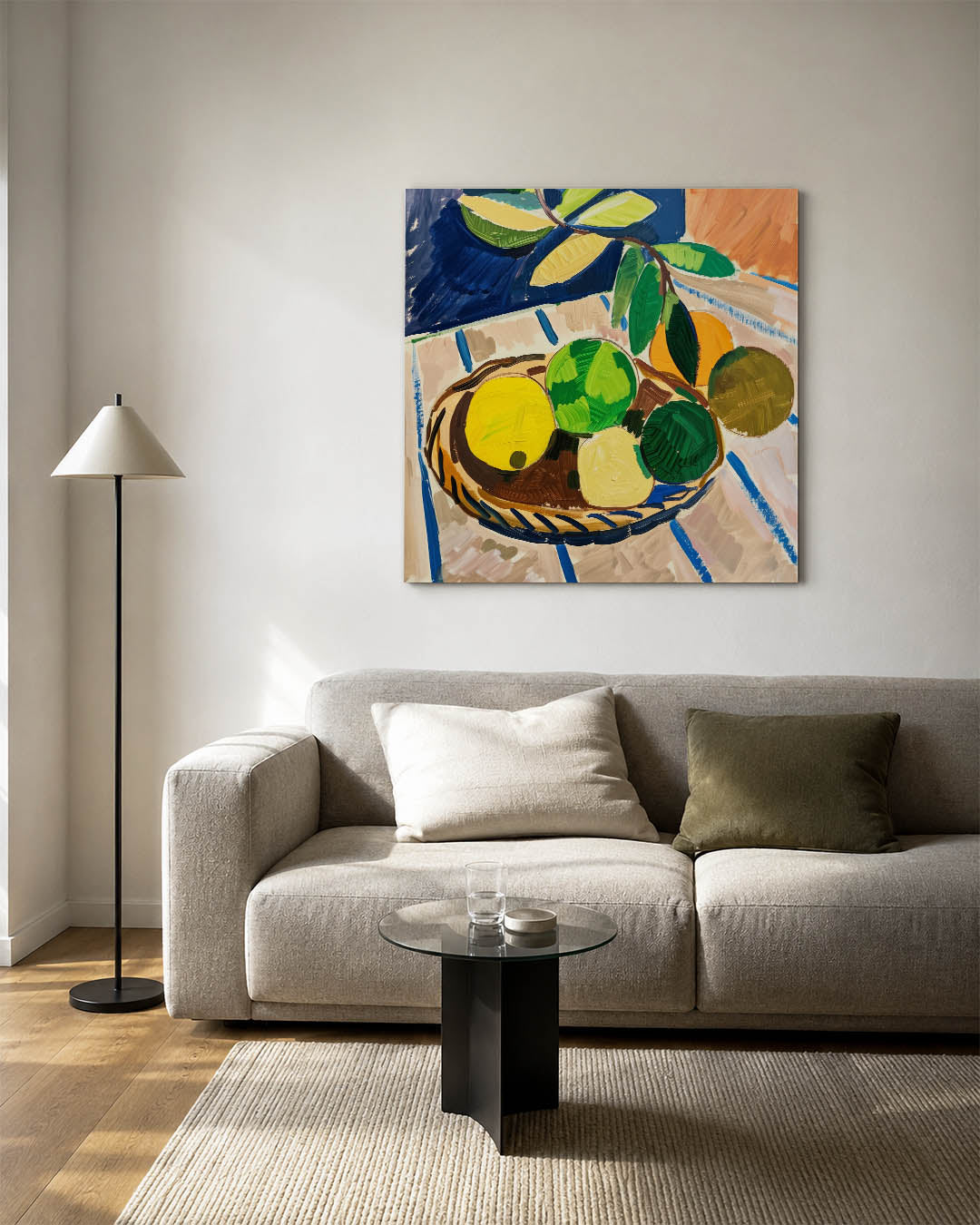 Fruit en bladeren kunstwerk – vierkante wanddecoratie – dit werk toont een mand met kleurrijk fruit en bladeren. De levendige