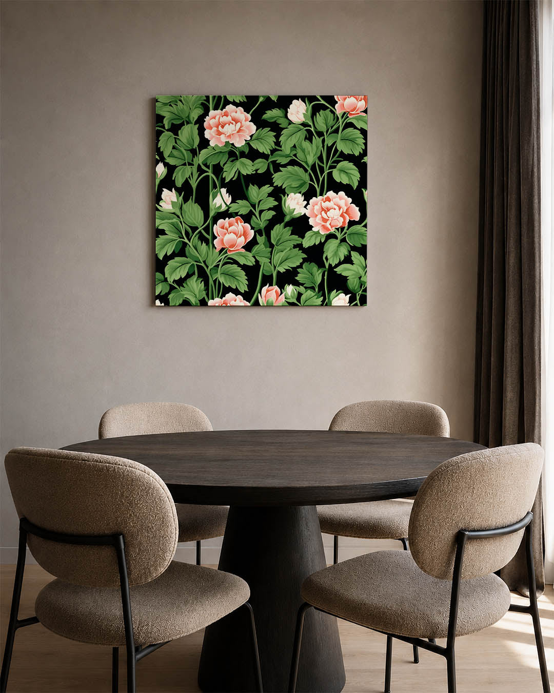 Bloemrijke patronen kunstwerk – vierkante wanddecoratie – dit kunstwerk toont een weelderige compositie van roze bloemen en