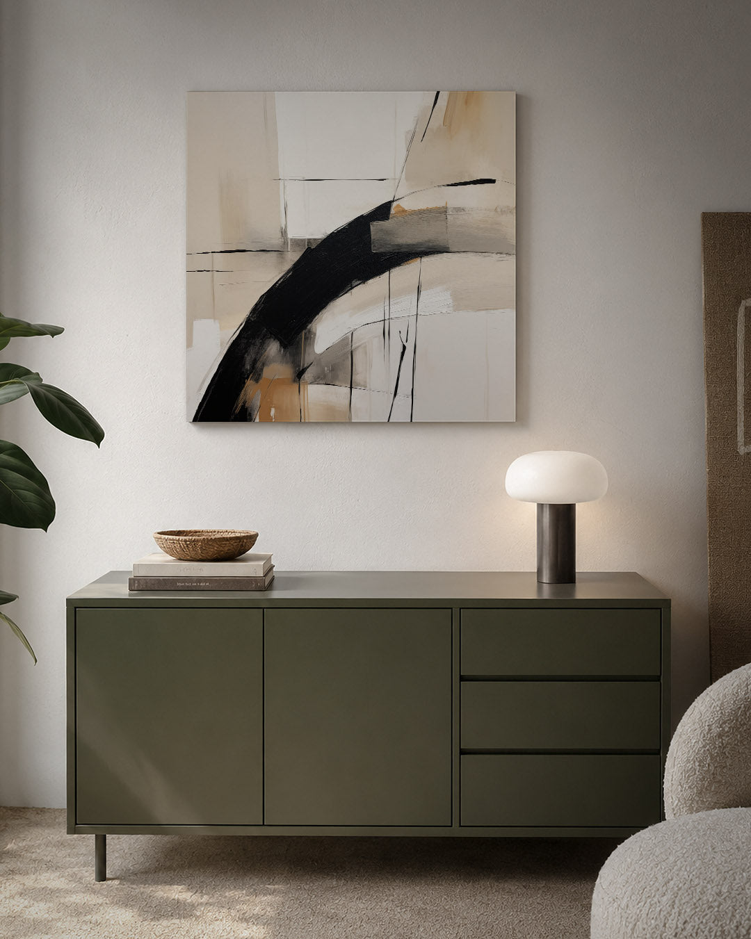 Dynamische lijnen compositie kunstwerk – detailweergave – dit werk toont een spel van vloeiende lijnen en vlakken in beige
