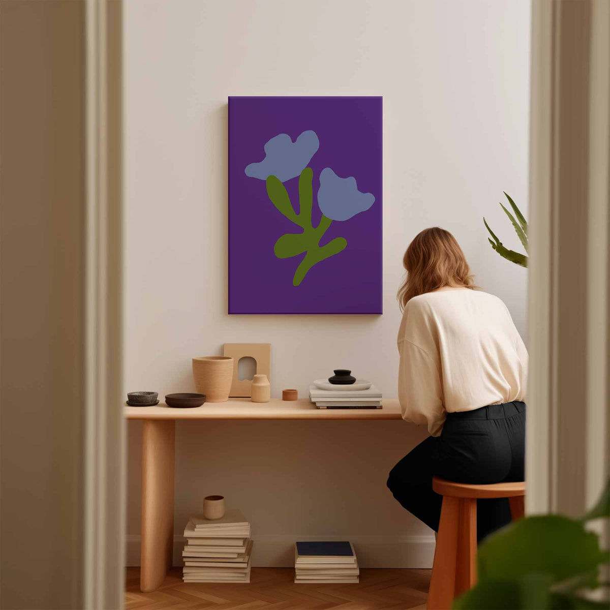 Blauwe Bloemfantasie – staand kunstwerk voor modern interieur