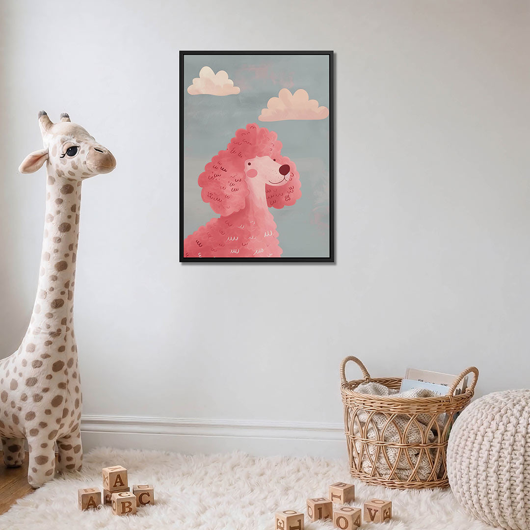 Speelse hond en wolken – moderne staande wandkunst