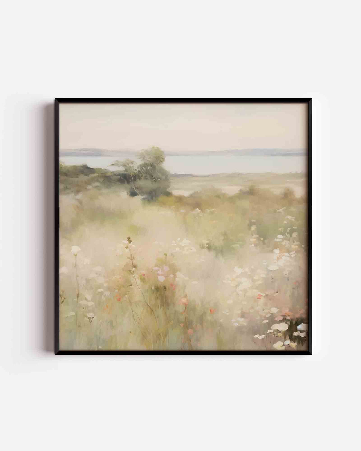 Bloemenveld bij zee – vintage vierkante poster als wanddecoratie