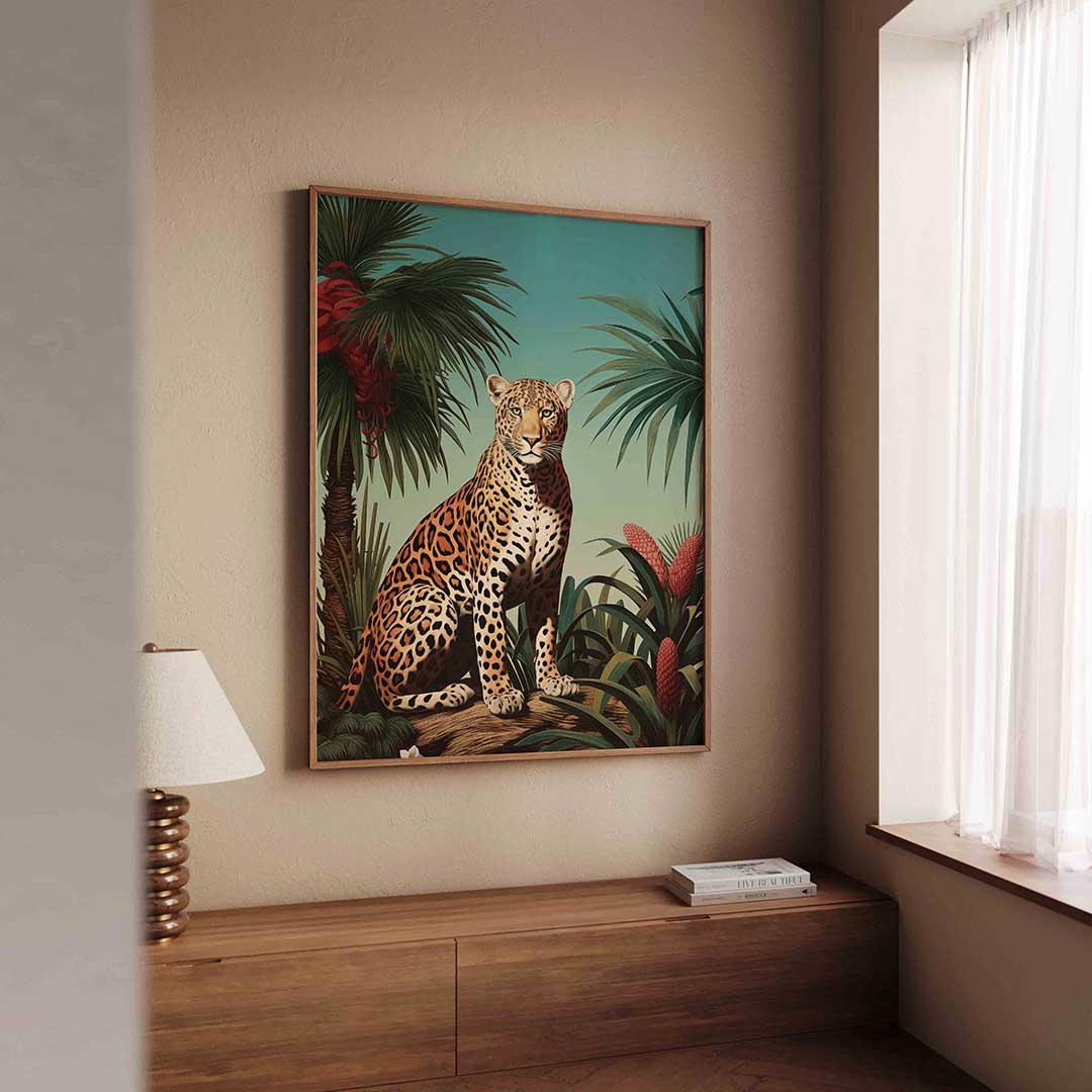 Luipaard in tropische omgeving – tropische wandkunst als portret poster