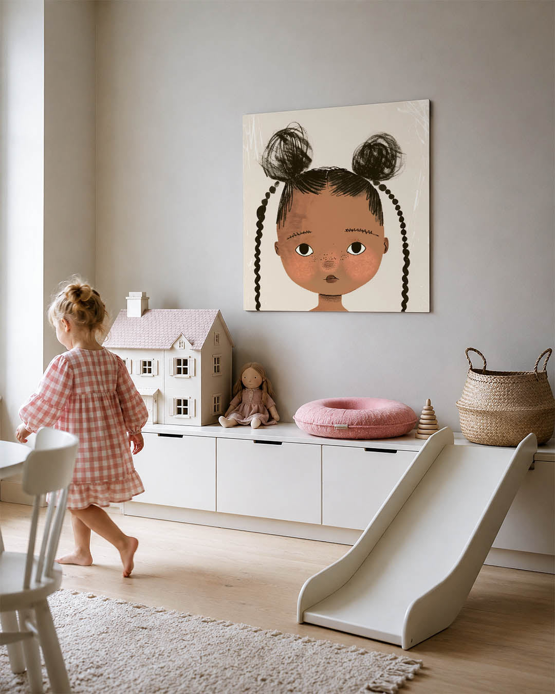 Kinderportret met vlechten kunstwerk – tweede productweergave – dit werk toont een kind met expressieve ogen en speelse