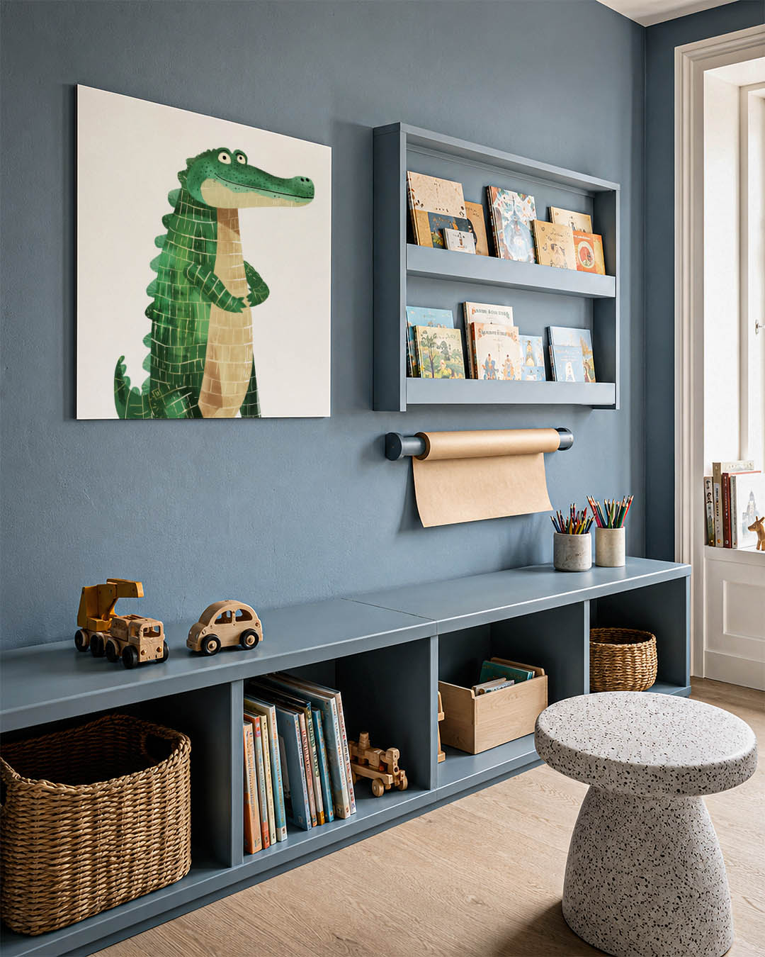 Vrolijke krokodil illustratie kunstwerk – detailweergave – dit werk toont een speelse krokodil met een groene huid en beige