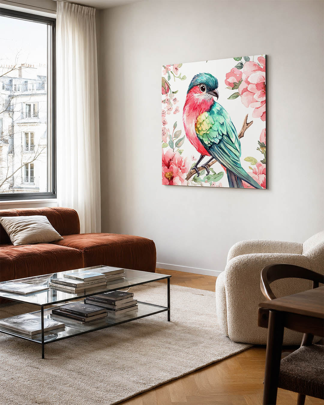 Vogel en bloemen kunstwerk – vierkante wanddecoratie – dit kunstwerk toont een kleurrijke vogel omringd door bloemen. De