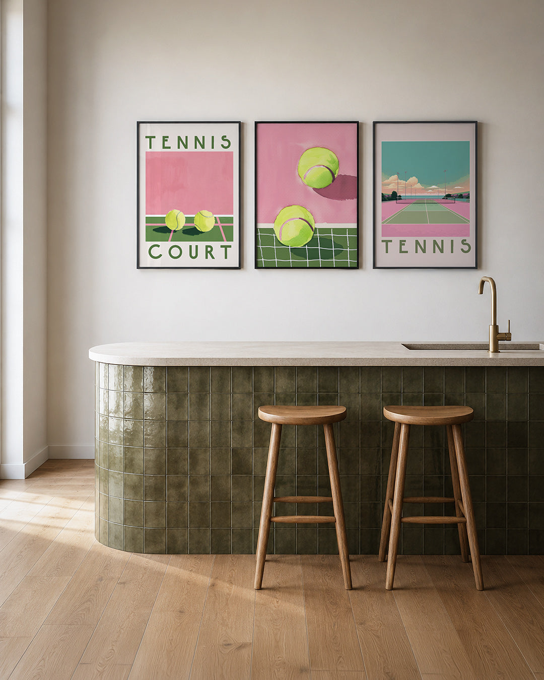 Sportieve kleuren posterset – tweede productweergave – deze posterset in drie delen toont een speelse mix van roze
