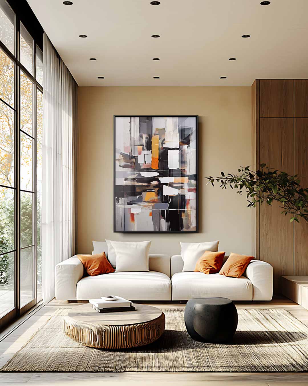 Moderne Abstractie in Diepe Tinten – staande wandkunst voor woonkamer of interieur
