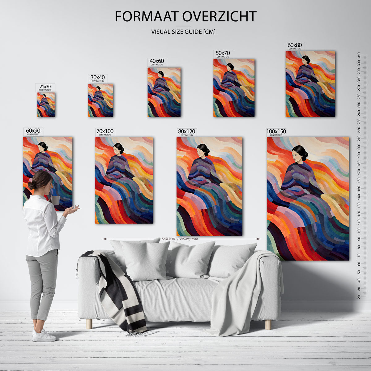 Vrouw met kleurrijke golven – staande muurposter met kleurrijke illustratie