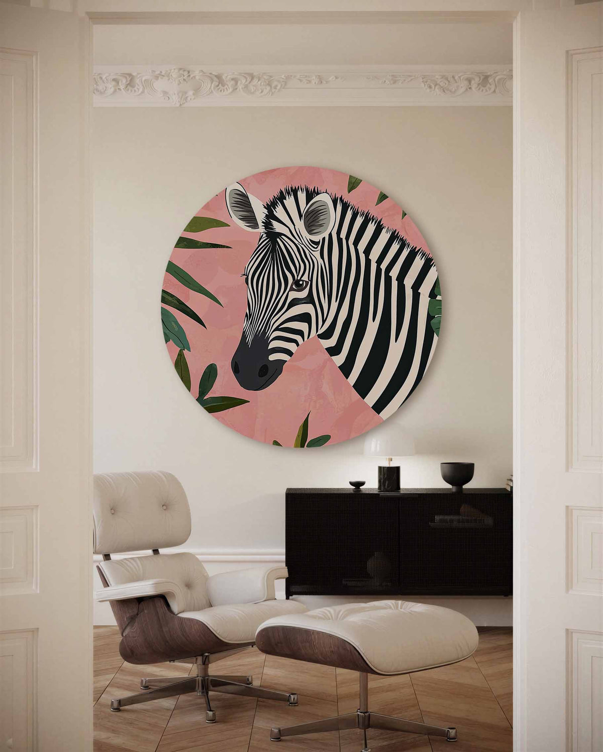 Zebra en bladeren – illustratie muurcirkel als ronde muurdecoratie
